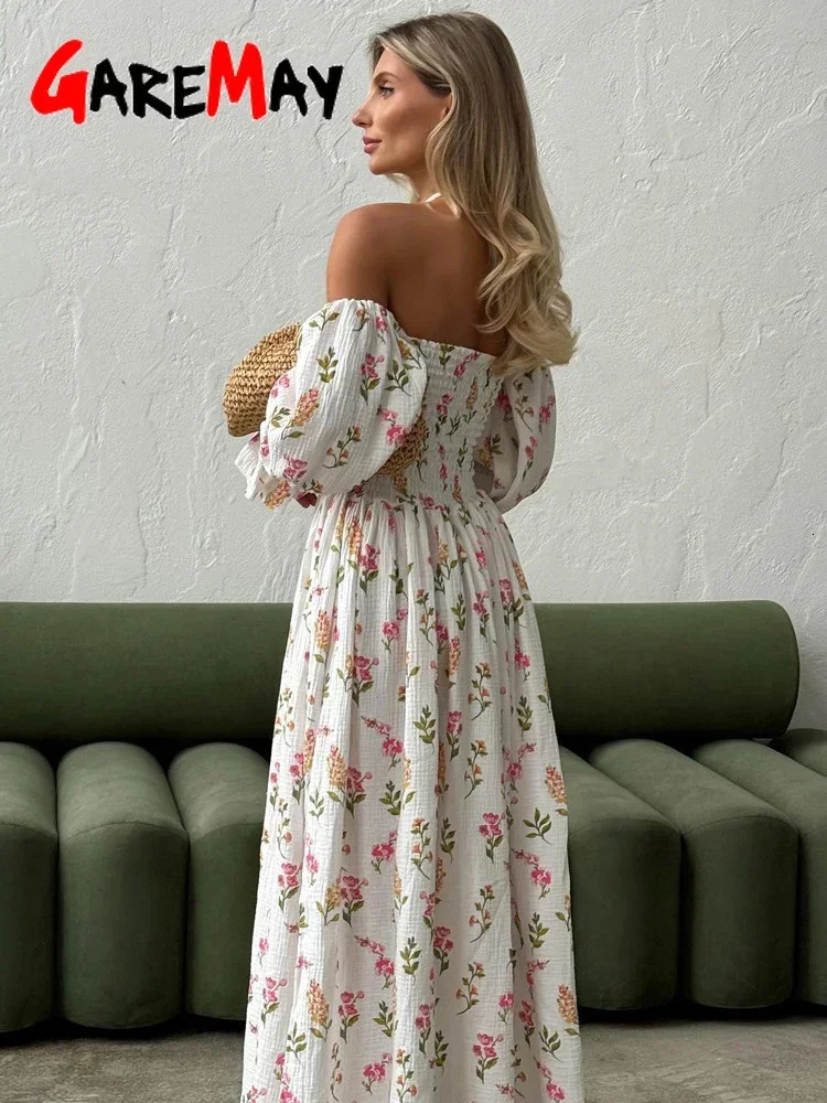 Womens Summer Cotton Dress 100 Elegant Ruffle Midi Floral Print with Side Slits Flower Vintage Muslin for Women 250207