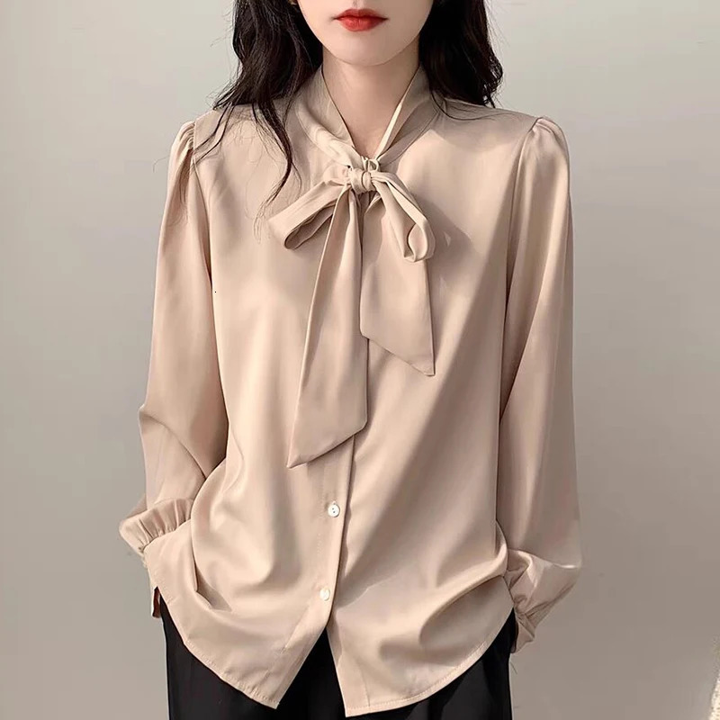 2025 Spring Autumn Satin Womens Bow Blouse Blue Long Sleeve Turndown Collar Casual Elegant Korean Office Lady Shirt Female 250121