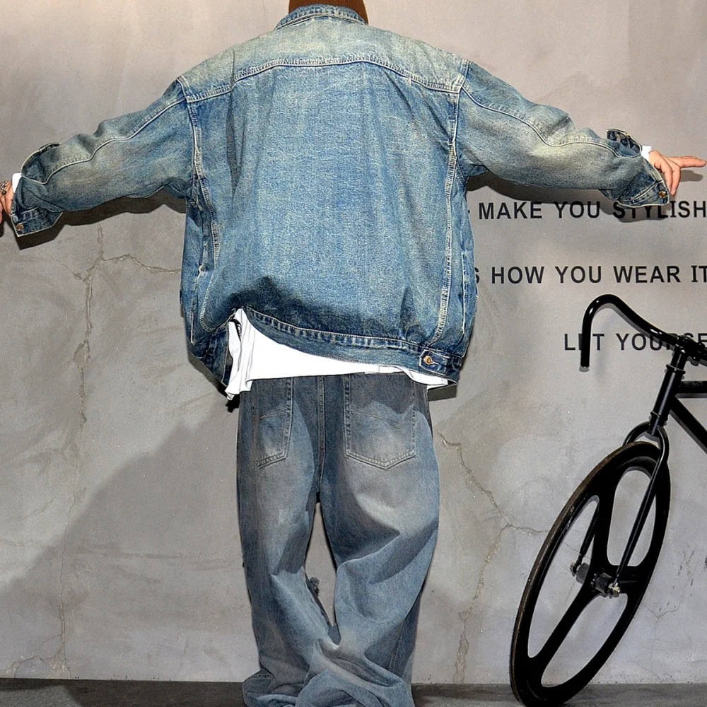 High Quality American Streetwear Denim Jacket Mens Clothing Korean Fashion Hip Hop Jean Loose Distressed Blue Coat Male 250207