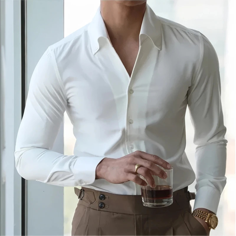 Mens Italian Collar Shirt -free Casual Fashionable Slim-fit with A Lapel ed Clothing Youth 250207