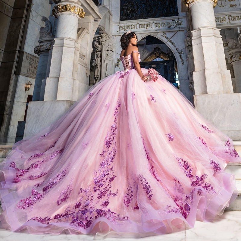 Pink Quinceanera Dresses Ball Gown Off The Shoulder Sequin Applique Lace Beading Crystal Tull Party Birthday Sweet 16 Dress Vestidos 15 anos