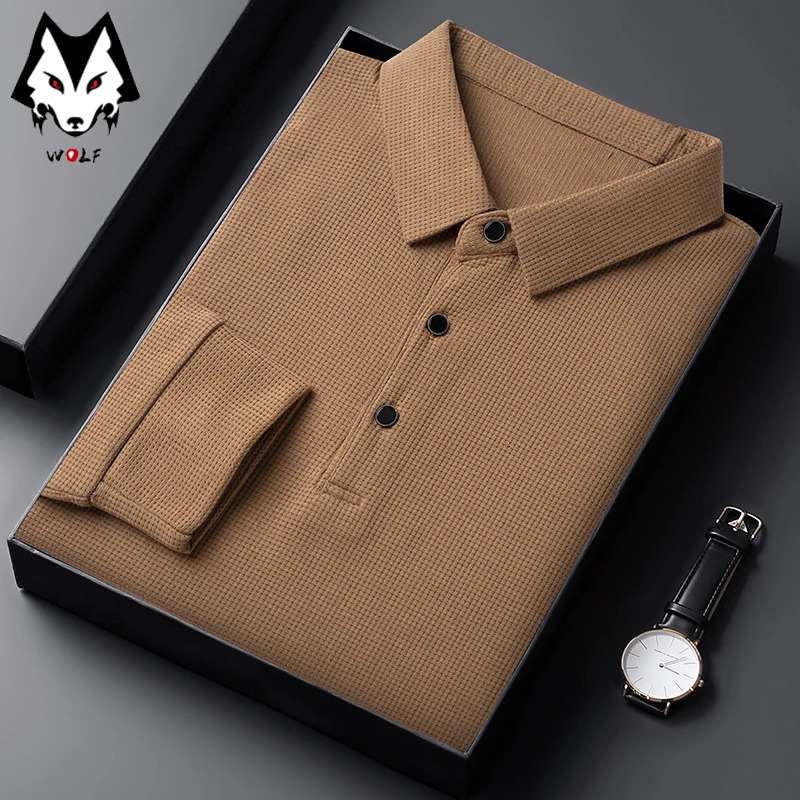 Mens Casual Waffle Polo Tshirt Breathable Comfortable Fashion Long Sleeve 250121