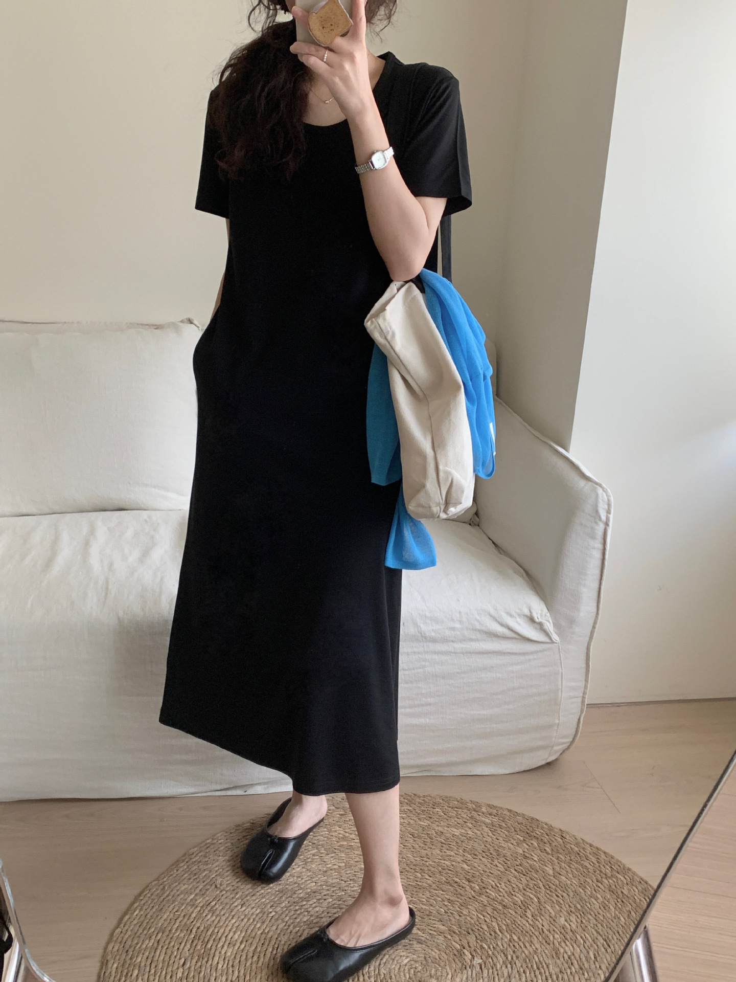 MU4178 Korean style simple and comfortable silk U-neck dress for women, casual and versatile, slim T-shirt dress