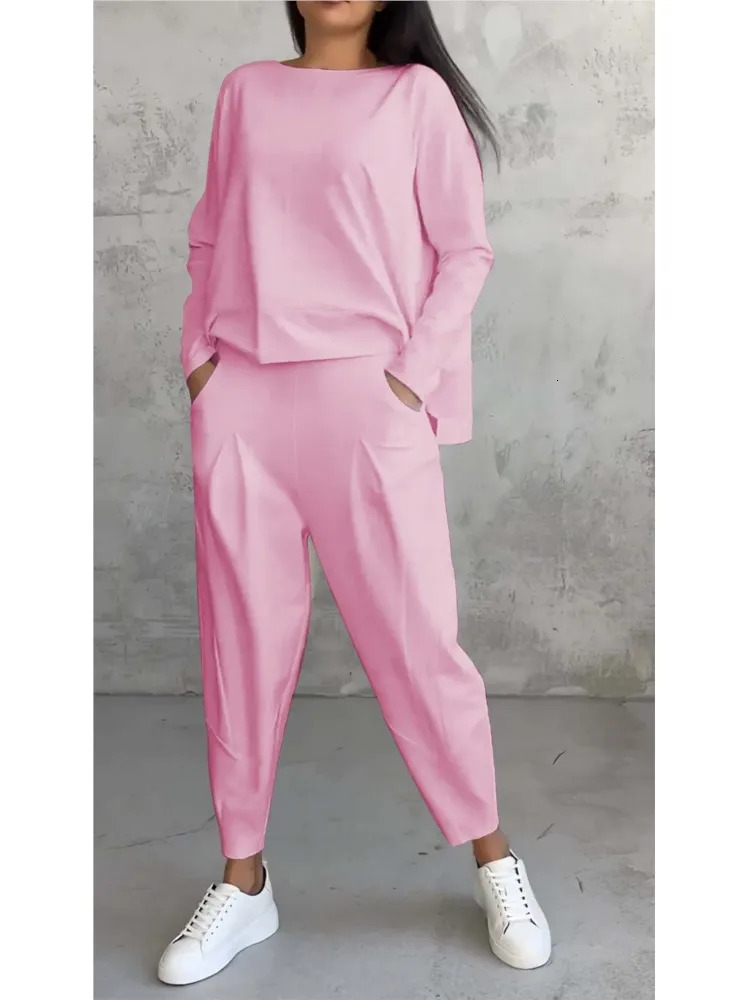Autumn Winter Solid Color Pants Set Fashion Irregular Long Sleeve Tops Harem Two Piece Casual Female Clothing 250206