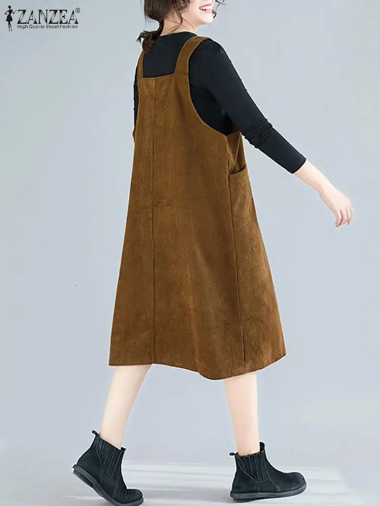 ZANZEA Womens Corduroy Dress Retro Shoulder Strap Sundress Autumn Solid Sleeveless Pocket Midi Vestidos Pendant 250207