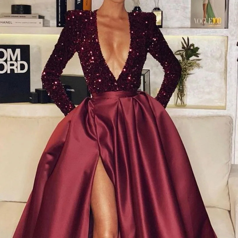 Woman Sexy Deep VNeck Party Dress Evening Ball Gown Dresses Sequins Long Sleeves Split Prom 250208wtt