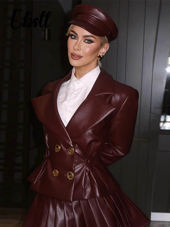 Double Breasted Leather Jacket Skirts Set Women Wine Red Lapel Slim Coat Pleated Mini Skirt 2024 Autumn Lady Chic Outfits 250109