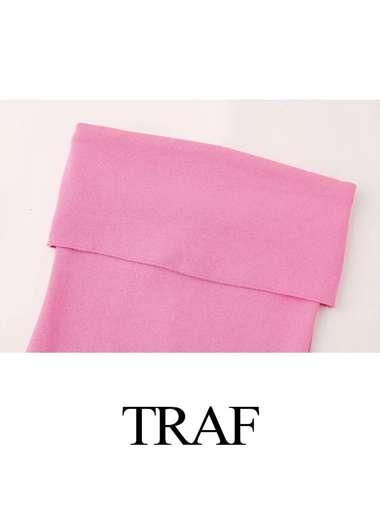 TRAFZA 2024 Womens Pink Dress For Beach Party Midi Dres Solid Strapless Backless Off Shoulder Slim Long Dresses Summer 250207