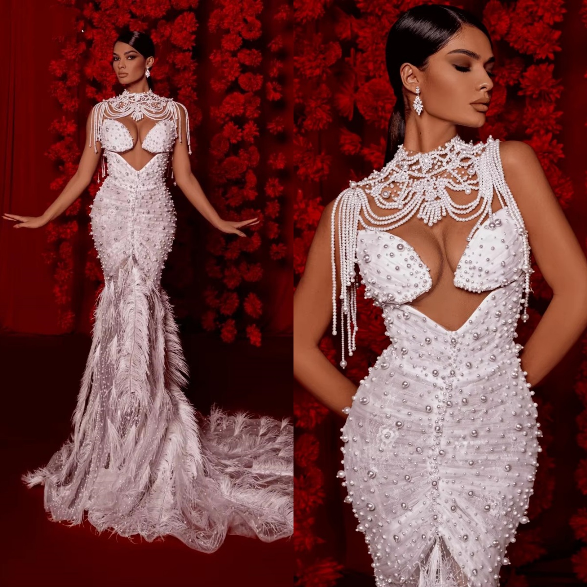 Mermaid Wedding Dress High Collar Sleeveless Bridal Gown with Pearls, Beads & Feather Sweep Train - Custom Made