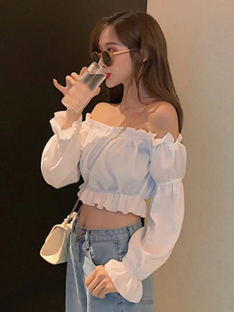 Womens Top Sexy Blouse Off Shoulder Long Sleeve Solid Color White Shirt Puff Ruffle Tunic Crop Summer Tube 250208Z