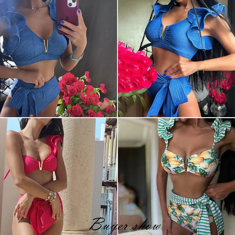 printed bikini womens swimsuit push up high waist Biquini camisole backless pleated beachwear summer 250206