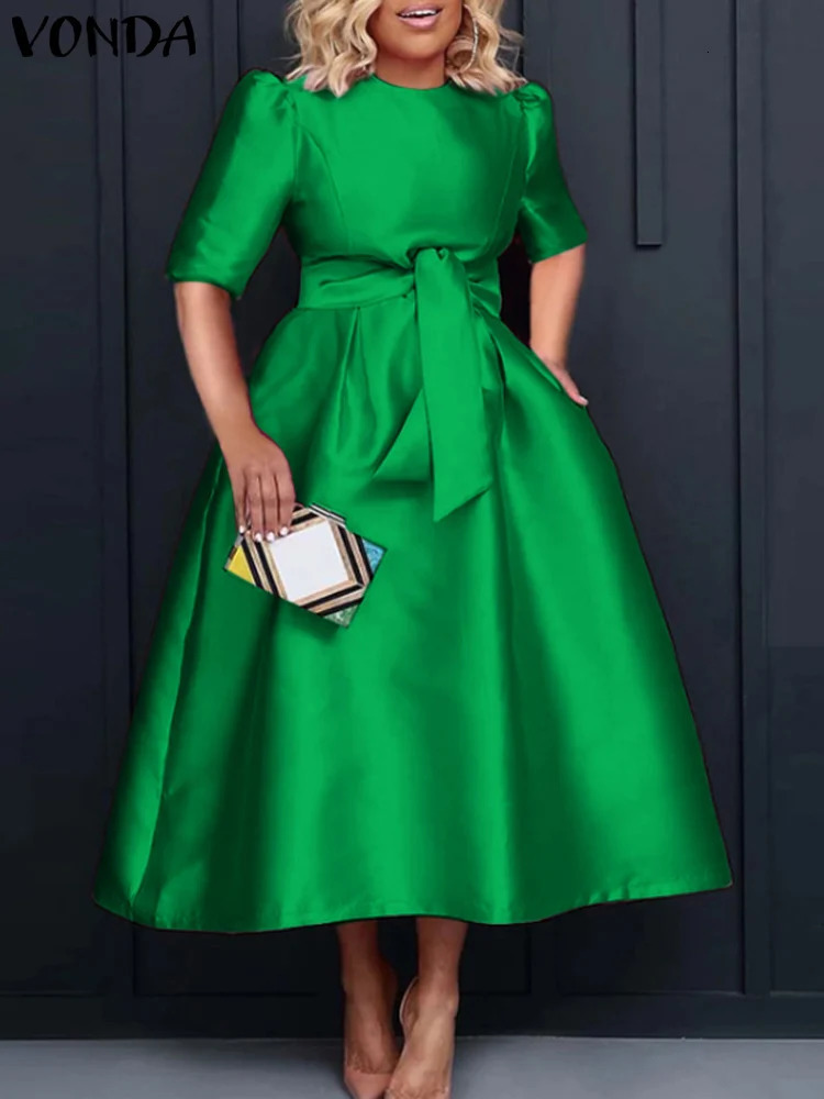 Plus Size VONDA 2024 Summer Women Elegant Satin Midi Dress Short Sleeve Dresses Casual Belted Loose Solid Color Long Sundress 250207