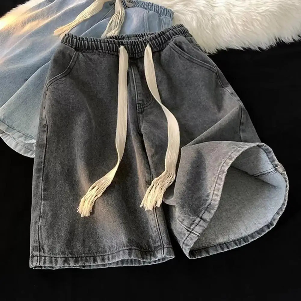 Men Wide-leg Denim Shorts Mens Quick-drying Denim Beach Shorts With Elastic Drawstring Waistband Pockets Summer Wide Leg Shorts 250208