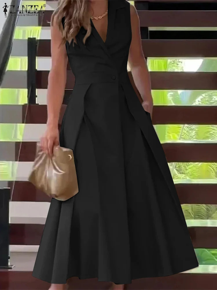 ZANZEA Stylish Solid OL Work Midi Dres Summer Dress Fashion V Neck Party Dresses Elegant Office Lady Sleeveless Sundress 250207