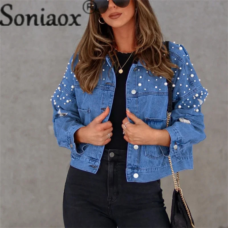 Fashion Bead Button Splicing Split Back Hem Denim Jackets Women Autumn Winter Single-breasted Cardigan Coat Casual Outerwear 250122