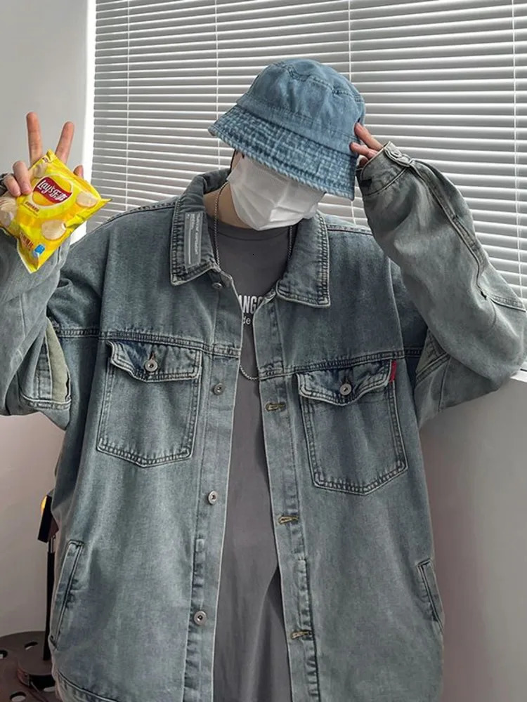 Loose Denim Jacket Men Casual Solid Color Lapel Single Breasted Jeans Outwear Bomber Streetwear Windbreaker Coat 250207