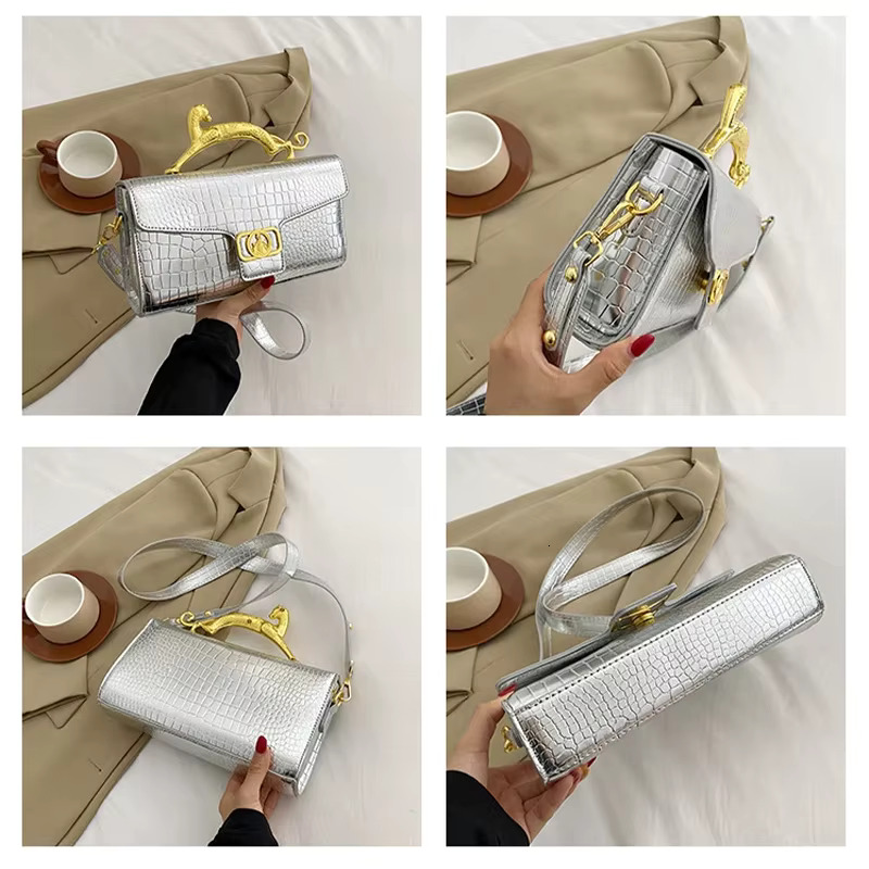 Emed Fashion Bag With Metal Leopard Print Handle Design Women's Designer Shoulder Bag Multifunctional Classic Crossbody Bag Crocodile Pattern Han