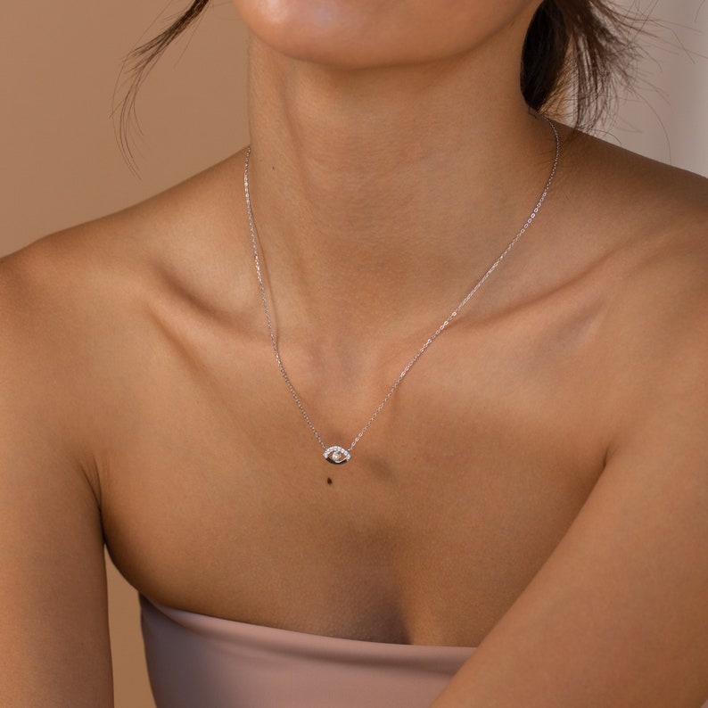 Pave Diamond Evil Eye Charm Necklace Dainty Crystal Necklace with Pearl Bead Perfect Gift for Her