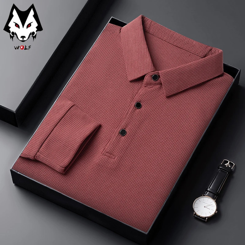 Mens Casual Waffle Polo Tshirt Breathable Comfortable Fashion Long Sleeve 250121