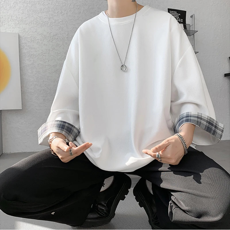 men t shirts Summer Mens T-shirts Women Oversized 2XL Korean Style Loose Plaid T-shirt Casual Seven sleeves T-Shirt Male White 250109