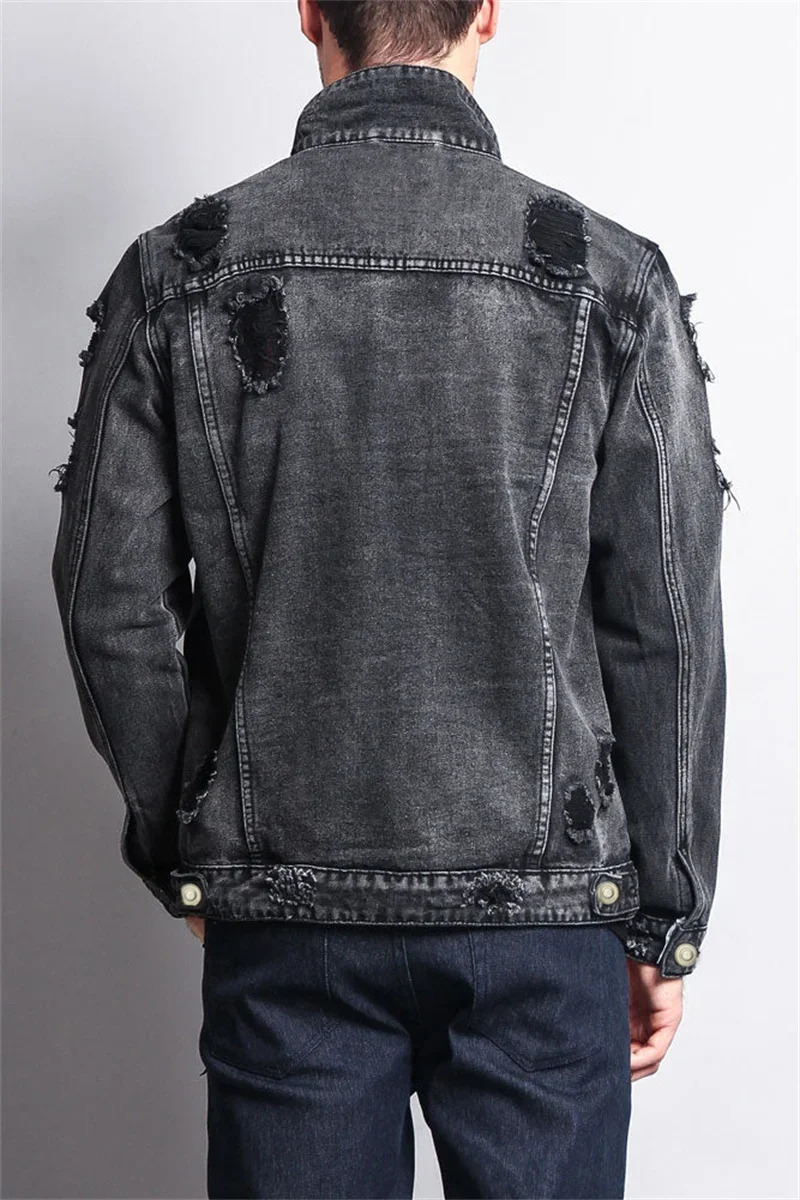Fashion Trend Mens Broken Holes Denim Jacket Street Casual Male Youth Singlebreasted Splicing Pocket Long Sleeve Slim Fit Coat 250207