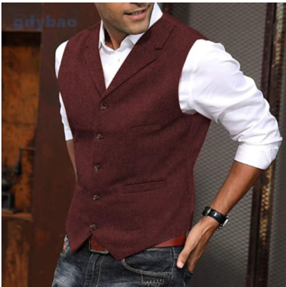 Men's Casual Classic Suit Vest V Neck Herringbone Tweed Slim Fit Business Waistcoat For Wedding