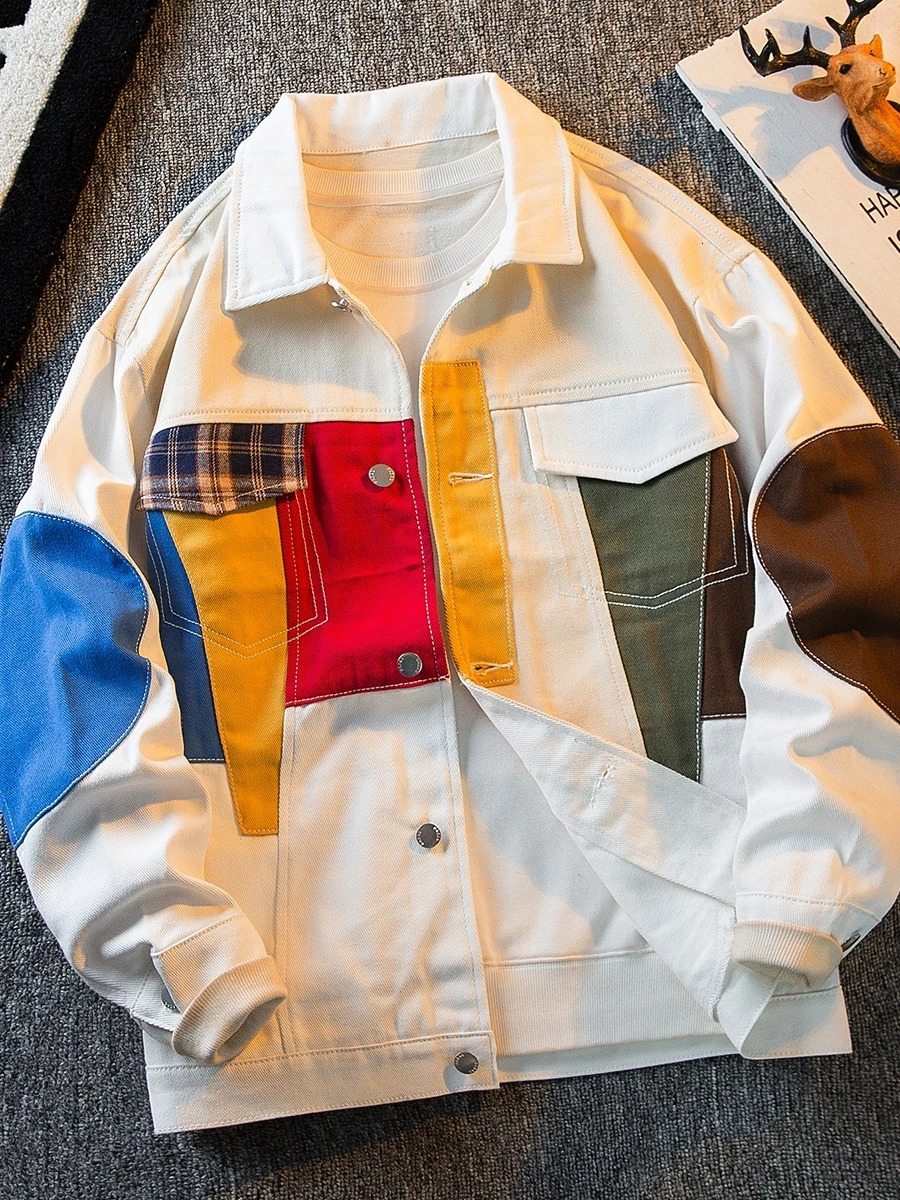 Color Patchwork Personalized Vintage White Denim Jacket Mens Casual Cargo Top Loose Fit American Style Spring Autumn Outerwear 250207