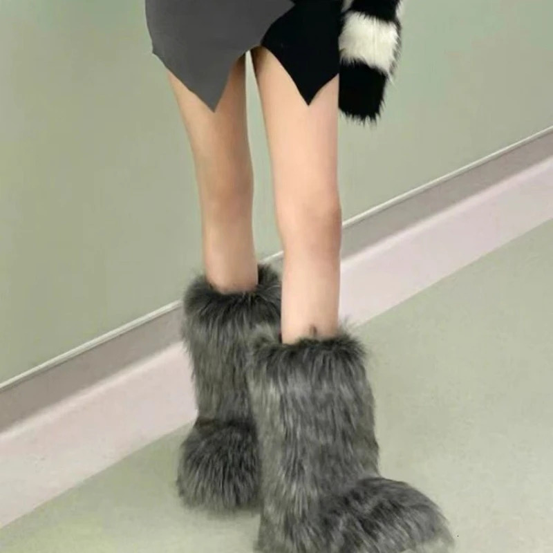 Womens Winter Fluffy Faux Fur Boots Woman Plush Warm Snow Footwear Girls Furry Bottes Fashion Shoe y250118