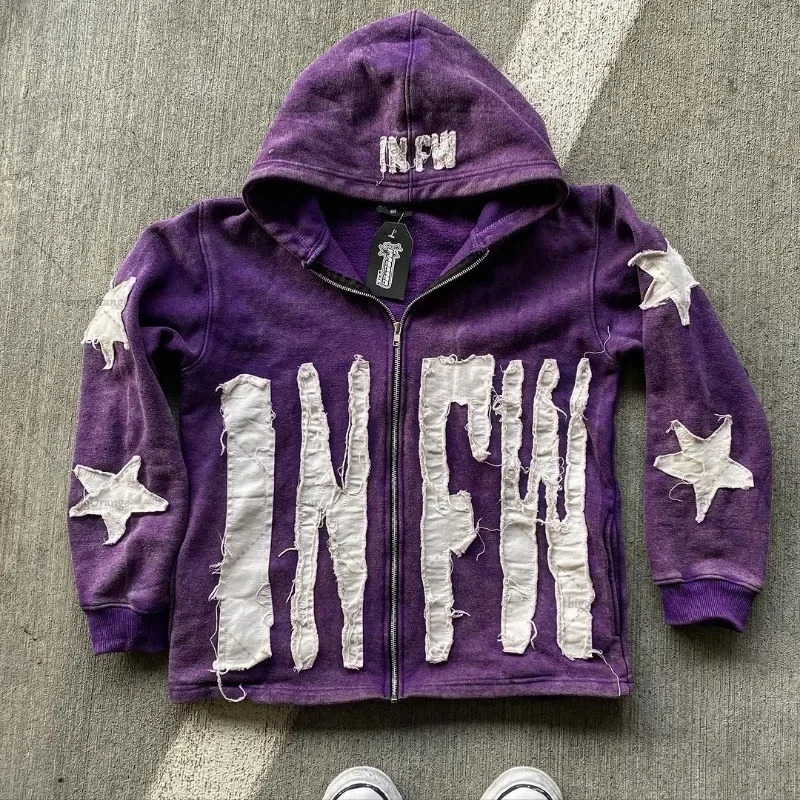 European and American letter embroidery super large hooded sweatshirt womens Y2K street couple jacket retro loose zipper sportswear mens style 250207