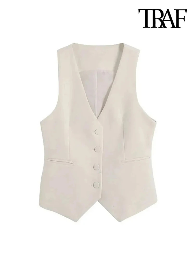 TRAF Women Fashion Front Button Fitted Waistcoat Vintage Sleeveless Welt Pockets Female Outerwear Chic Vest Tops 250207