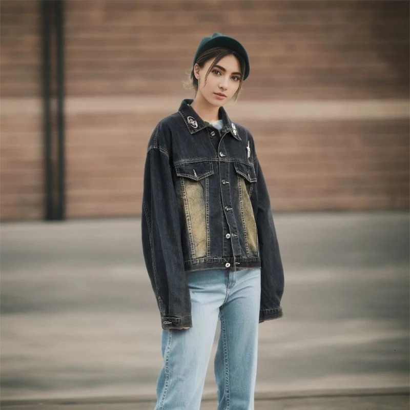 UPRAKF Streetwear Washed Lapel Denim Jacket Men Vintage Fashion High Street Long Sleeve Coat Y2K Casual Tops Loose 250207