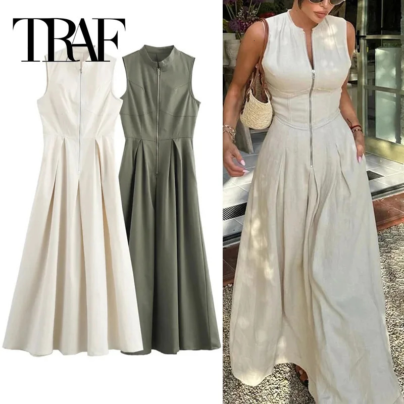 TRAF Zipper Long Dress Wrinkled Sleeveless Tight Summer Elegant Party Womens Wear 2024 Midi 250207