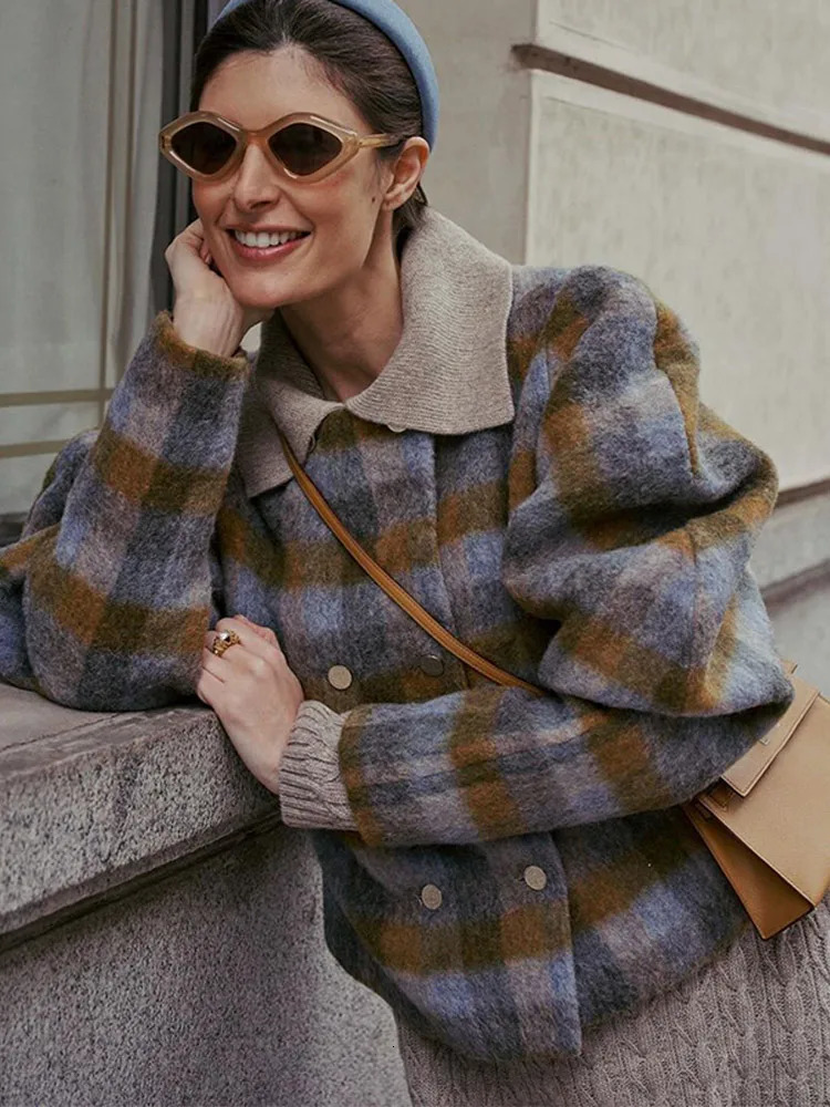 Elegant Plaid Print Puff Sleeve Coats For Women Fashion Single Breasted Round Neck Thin Tops 2025 Spring Lady Streetwear 250208Z