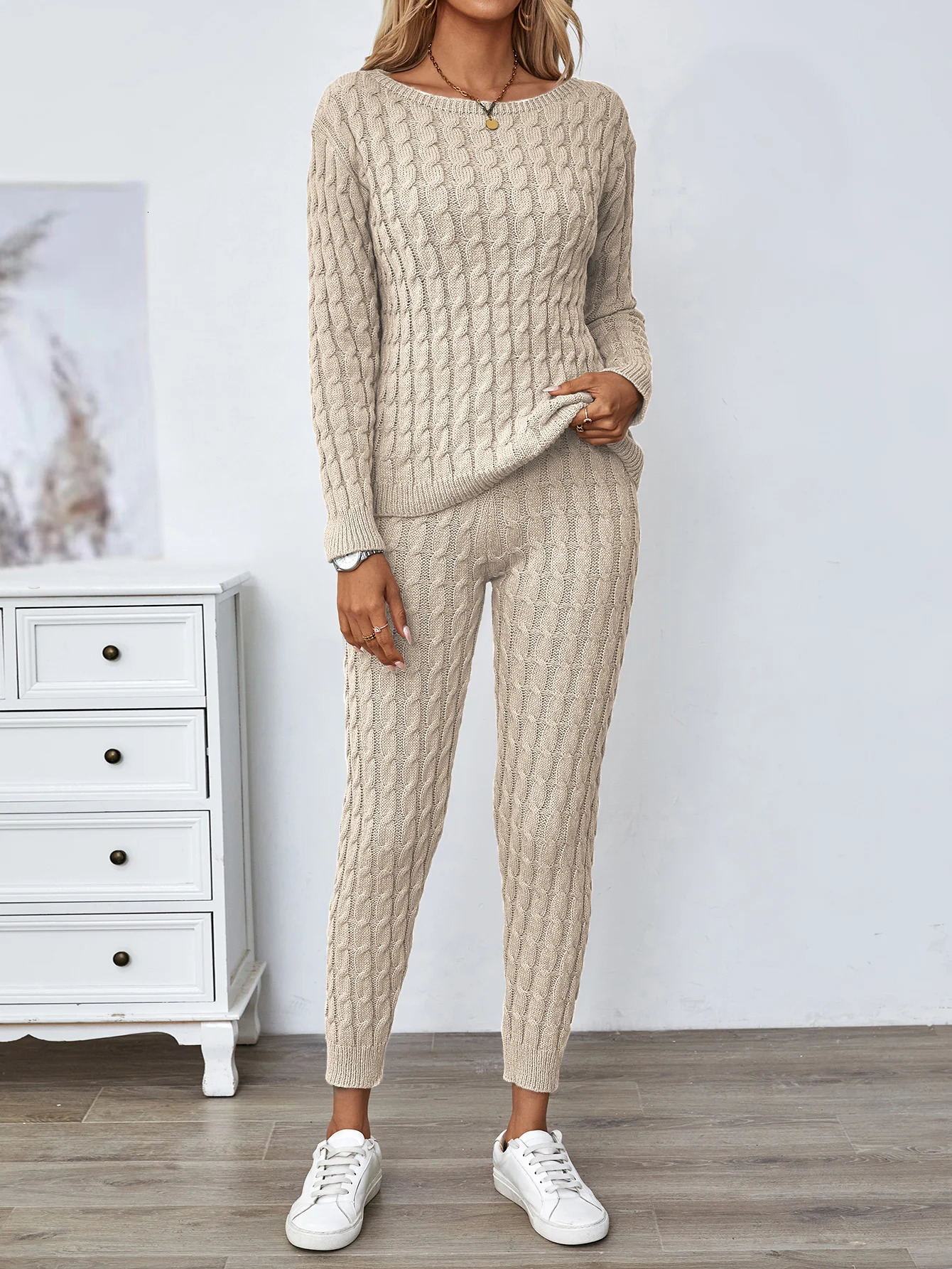 Solid knit matching two-piece casual long sleeved sweater and pants for womens wear 250207