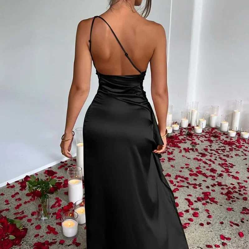 New Fashion Womens Sexy One Shoulder High Split Cocktail Wedding Party Maxi Dress Long Dresses Night Dress Black W250208