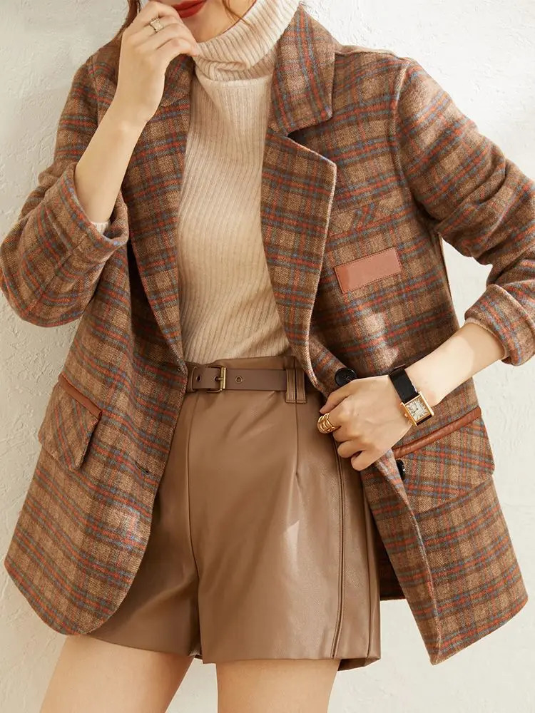Womens High-end Cashmere Womens Jacket Plaid Coat Suit Jacket Korean Version Loose Fit 250207