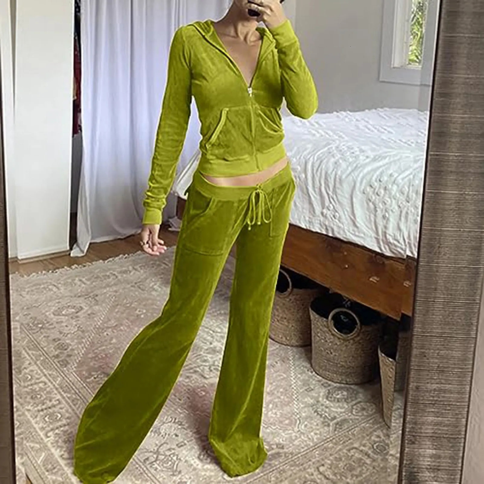 Womens Velvet Jogging Set Autumn Casual Hoodie Cut Top Jacket Wide Leg Pants Double Piece 250206