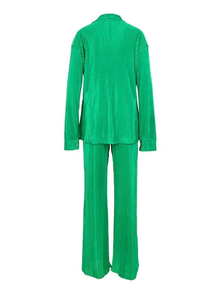 QFAF Fashion Pleated Womens Set Long Sleeve Oversized Shirt and Wide Leg Pants Elegant Tracksuit Two 2 Piece Set Outfits 250207