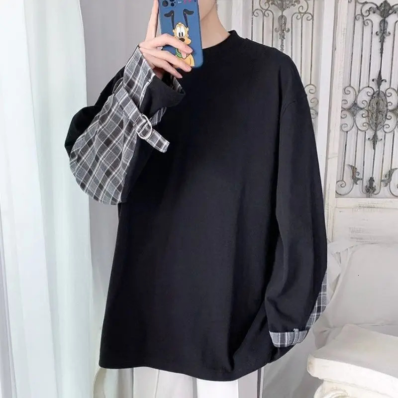 Stylish ONeck Spliced Loose Korean Plaid TShirt Mens Clothing 2023 Spring Casual Pullovers Long Sleeve Allmatch Tee Shirt 250207