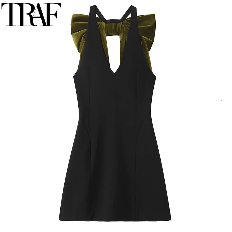 TRAF dress sleeveless black mini summer bow velvet backless sexy short skirt womens party 250208Z
