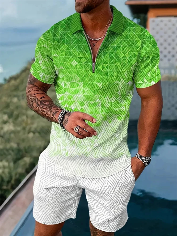 Mens Plaid Printed Short Sleeve Lapel Zipper Polo Shirt With Shorts Set Summer Temperament Vintage Pool Two Piece 250207