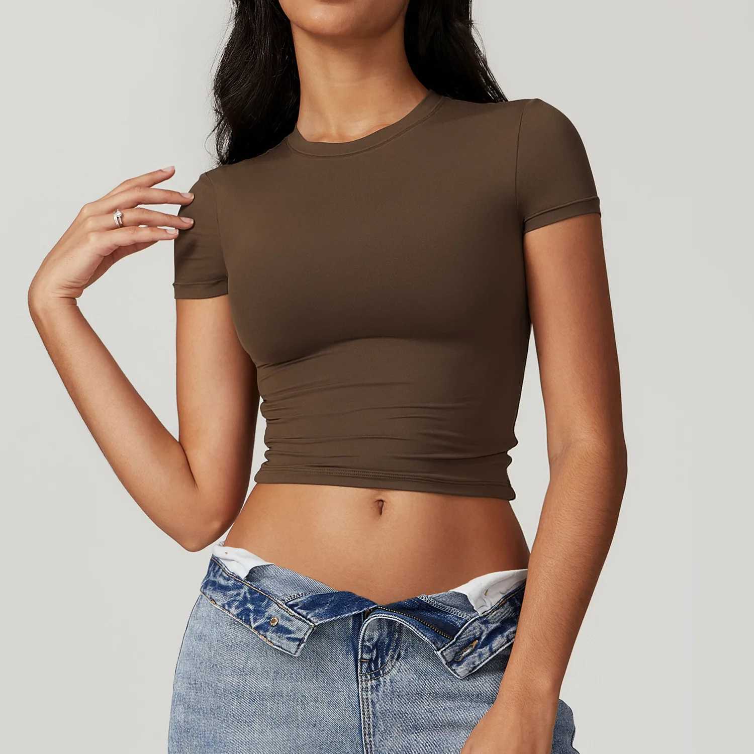 Yoga Outfit Women Fitness Crop Top Gym Running Pilates Sports T shirt Short Sleeved Casual Fashion Versatile Skinny Tee High Elastic H250207