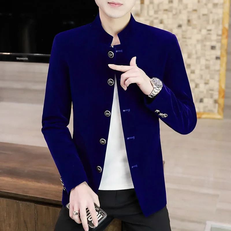 HOO 2025 Mens Fashion Stand Collar Velvet Casual blazer Youth Autumn Single Breasted SlimFitting 250208Z