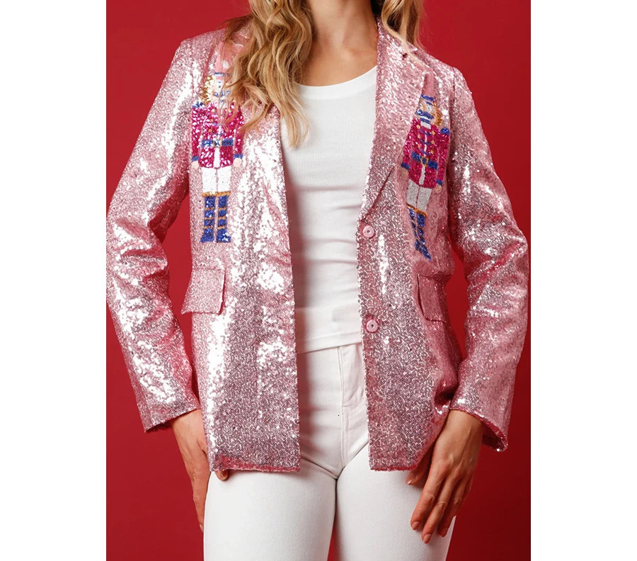 Womens Blazer Autumn/winter Christmas Fashion Casual Loose Print Collar Sequin Party Multi-color Long Sleeve Y2k Coats 250207