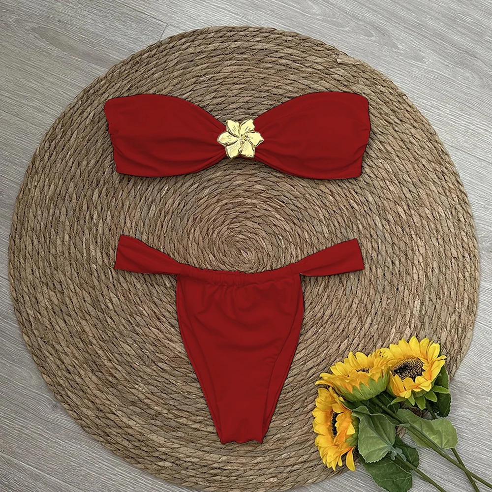 Bandeau bikini push up womens swimsuit 2025 sexy Brazilian set thong Biquini solid beachwear 250208Z