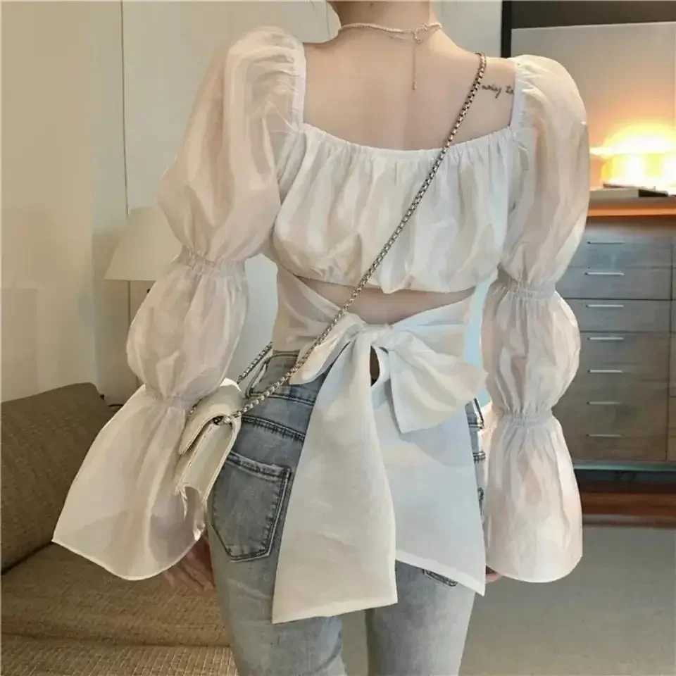 Back Puff Sleeve Shirts Women Autumn French Bow Bandage Blouses Black Pink Square Neck Cropped Tops Female 250121