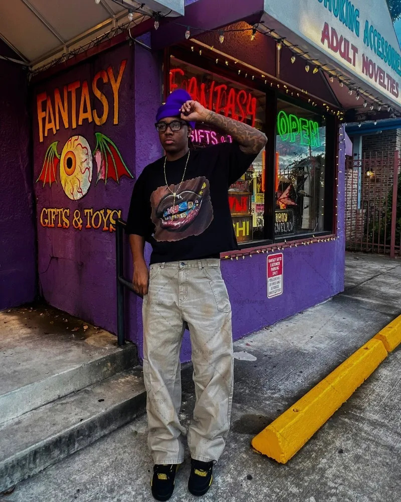 Y2K Harajuku Punk Retro Lip Print Top Street Hip-hop Trend Oversized T-shirt Men Goth Retro Casual Personality Clothing 250208