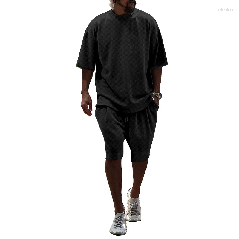 Men's Tracksuits 2025 Cross-border Summer Plaid Short Sleeve Loose Large Size Straight Casual Shorts Set