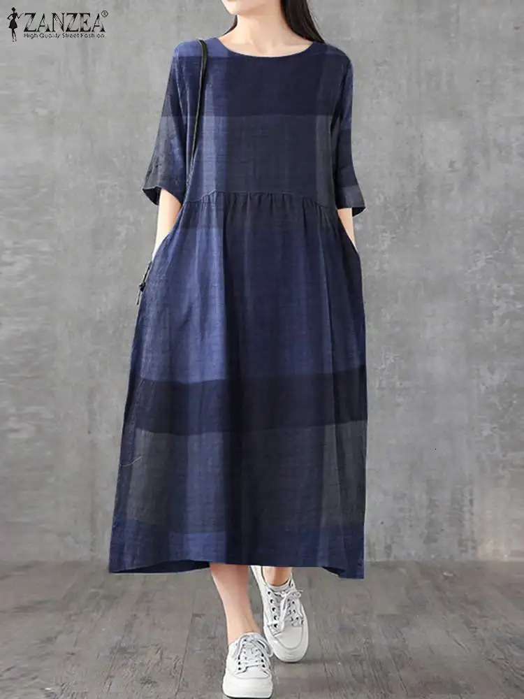 ZANZEA Women Cotton Linen Dresses Vintage Plaid Half Sleeve Midi Vestidos Casual O-neck Long Sundress Holiday Pocket Robes 250206