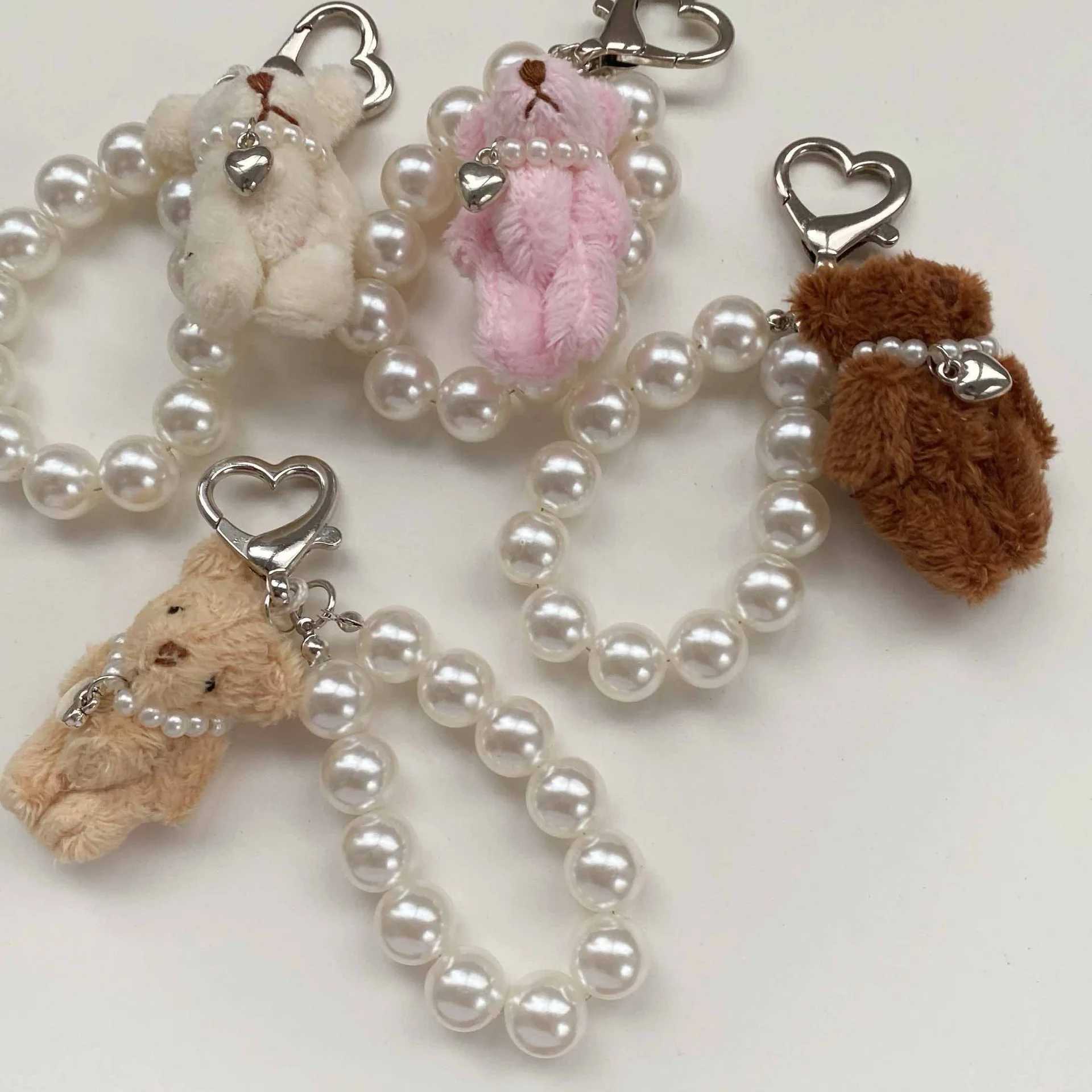 Korean Cute Fluffy Plush Bear Pearl Bowknot Pendant Keychain For Car Keys iPhe Accessories Trendy Keyring Wen Handbags Y250208